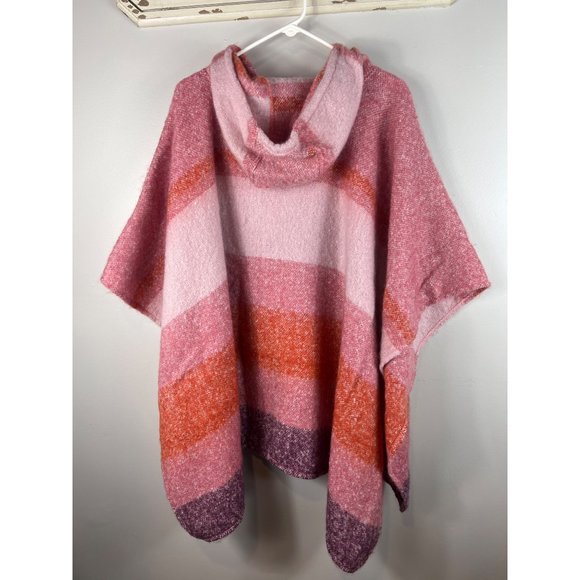 Time & Tru Women’s Alpine Poncho w/ Hood Pink Orange Purple Stripes Shawl Medium - Picture 2 of 7